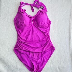 Ellen Tracy Feminine Bright Magenta Halter One Piece Swimsuit 14 XL
